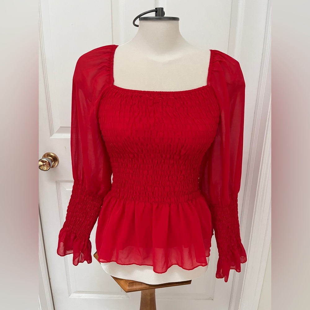 Quiz Elegant Red Smocked Blouse for Women